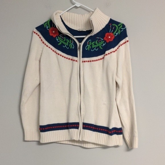 Talbots White Blue Floral Embroidered Zip Up Long Sleeve Sweater Medium‎ Petite - Picture 1 of 13